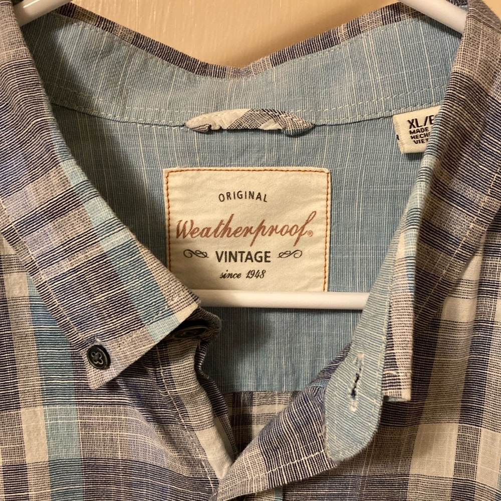Vintage Original Weatherproof Men’s Button Shirt XL Blue Plaid Short Sleeve